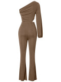 Fashion Solid Color Long Diagonal Shoulder Ladies Jumpsuit
