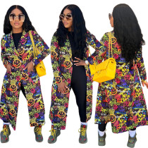 Casual Fashion Lapel Smiley Face Graffiti Print Long Jacket