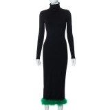 Solid Colour Casual High Neck Long Sleeve Slim Fit Fur Trim Dress