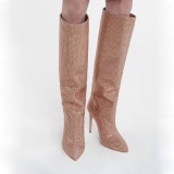 Starry Rhinestone Pointed Toe Fine Heel Knee-high Boots