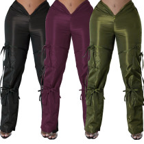 Zipper Closure Straps Solid Green Casual Pants