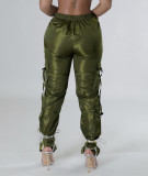 Zipper Closure Straps Solid Green Casual Pants