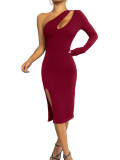 Solid Color One Shoulder Sexy Hollow Dress