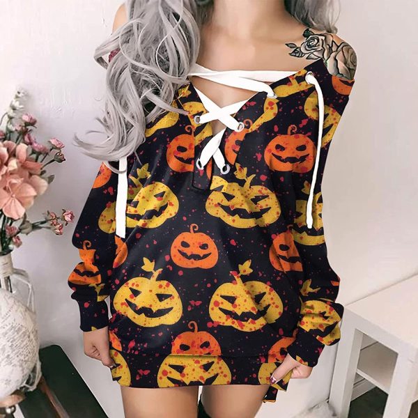 Halloween V-neck sStrapless Loose Long-sleeved Dress