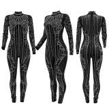 Half High Collar Hot Drill See-through Long-sleeved Jumpsuit