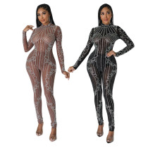 Half High Collar Hot Drill See-through Long-sleeved Jumpsuit