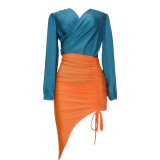 Sexy Pumping Pleats Color Blocking Fall Fashion Two-piece