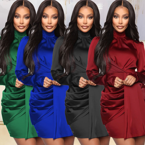 Solid Color Pleated Long Sleeve Sexy Dress
