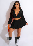 Hooded Cardigan Zipper Lantern Sleeve Wave Skirt Set