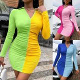 Sexy V-neck Color Blocking Package Hip Slimming Dress