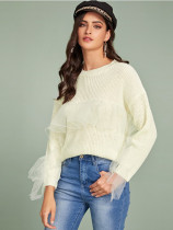 Fashion Mesh Knit Ruffle Stitching Top Sweater