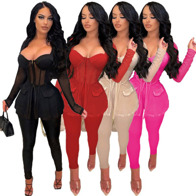 Sexy Mesh See-through Splicing Zipper Pants Two-piece Set