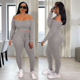 Sexy Women's Knitted Pit Stripes Wipe Shoulder Two-piece Set