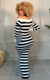 Autumn And Winter Black And White Striped Package Hip Long Dress