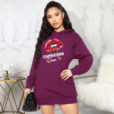 Autumn And Winter Lips Printed Hooded Long Tops
