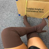Autumn And Winter Pointed Toe Thick Heeled Knitted Knee High Boots