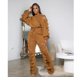 Fashion Hole Tied Rope Long-sleeved Pants Two-piece Set