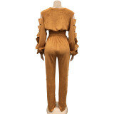 Fashion Hole Tied Rope Long-sleeved Pants Two-piece Set