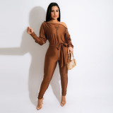 Solid Color One Word Shoulder Sexy Lace-up Fashion Jumpsuit