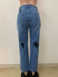 Zipper Embroidery Straight Jeans