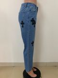 Zipper Embroidery Straight Jeans