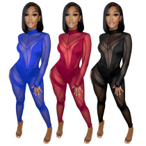 Mid-neck Sexy See-through Mesh Patchwork Jumpsuit