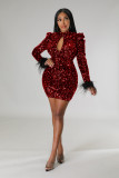 Hollow Long Sleeve Feather Backless Sexy Sequin Nightclub Dress