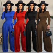 Solid Color Long-sleeved Wide-legged Pants New Two-piece Set