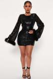 Fashion Hip Long Sleeve Solid Color Sequin Feather Dress