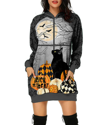 Halloween Print Hooded Sweatshirt Loose Dress