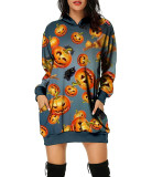 Halloween Print Hooded Sweatshirt Loose Dress