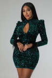 Hollow Long Sleeve Feather Backless Sexy Sequin Nightclub Dress