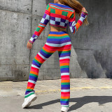 Fashion Collision Color Slim Top High Waist Woolen Pants Set
