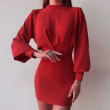 Autumn And Winter Solid Color Long Sleeve Temperament Waist Package Hip Dress