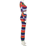 Fashion Collision Color Slim Top High Waist Woolen Pants Set