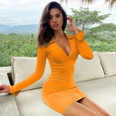 New Deep V Lapels Long Sleeve Pleated Solid Color Dress