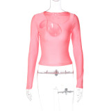 Pink Versatile Fit Long Sleeve Hollow Collar T-shirt