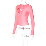 Pink Versatile Fit Long Sleeve Hollow Collar T-shirt