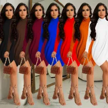 Fashion Women's Solid Color Long Sleeve Pleated Dress