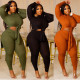 New Pit-striped Split Lace-up Round Neck Long Sleeve Two-piece Suit