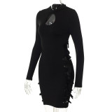 Fashion Hollow Long Sleeve Tie Knot Sexy Hip Dress