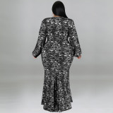 Long-sleeved Fishtail Package Hip Printed Fashion Dress