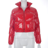 Solid Color Zipper Mirror Leather Warm Cotton Jacket