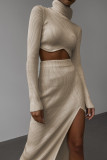 Autumn And Winter Threaded High Neck Irregular Slit Slim Skirt Suit