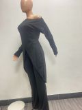 Irregular Round Neck Sloping Shoulder Top Wide Leg Pants Casual Suit