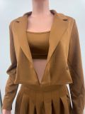Autumn And Winter Casual Blazer Short Undershirt Pleated Skirt Solid Color Suit