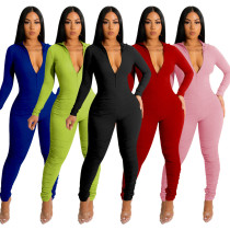 Autumn And Winter Threaded Zipper V-neck Slim Sexy Jumpsuit
