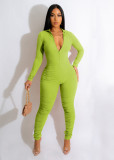 Autumn And Winter Threaded Zipper V-neck Slim Sexy Jumpsuit
