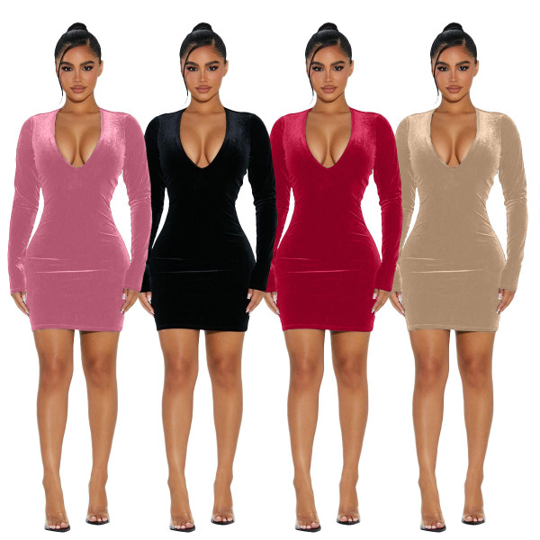 Solid Color Sexy V-neck Package Hip Dress