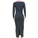 Sexy Fashion Solid Color U-shaped Collar Low-cut Long-sleeved Slim Open Dress